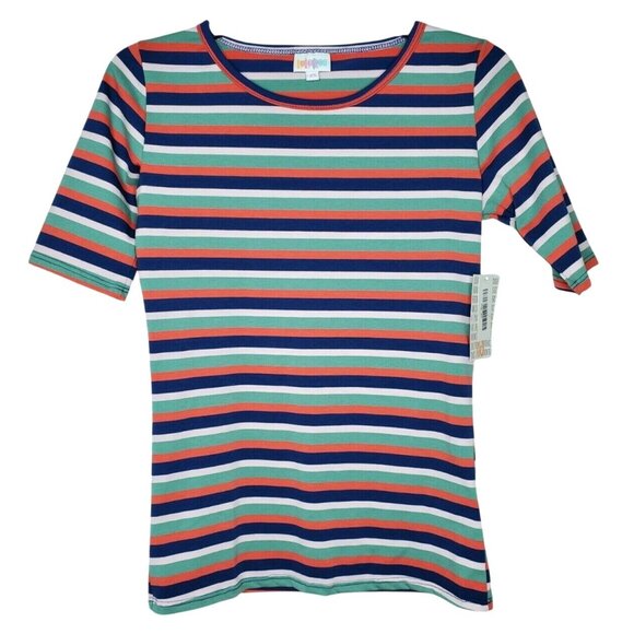 LulaRoe GiGi Peach Navy Horizontal Stripe XS Poly/Spandex Short Sleeve Shirt - Picture 1 of 10